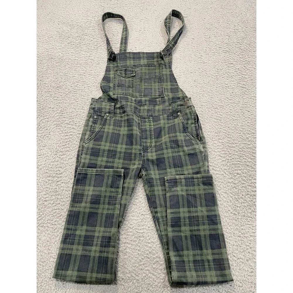 Free People Overalls Womens W 27 Green Plaid Denim Zip Pocket Utility Cropped - Picture 1 of 13
